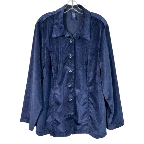 Vintage 90s Blue Damask Burnout Velvet/Suede Button Front Shacket Top Plus Size - Picture 1 of 4